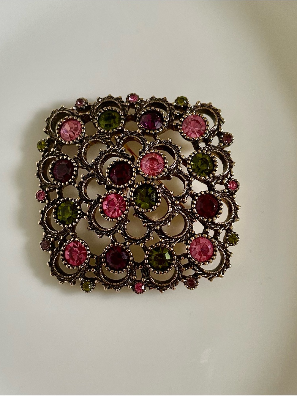 Vintage Coventry Pink & Green Crystal Filigree Brooch